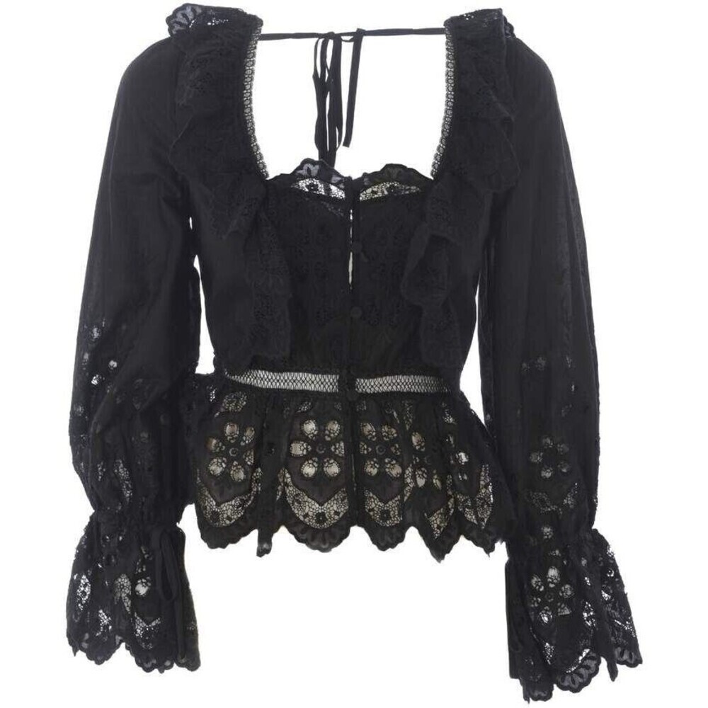 Self-Portrait Black Peplum Floral Embroidered Top Ruffle Long Sleeve Blouse